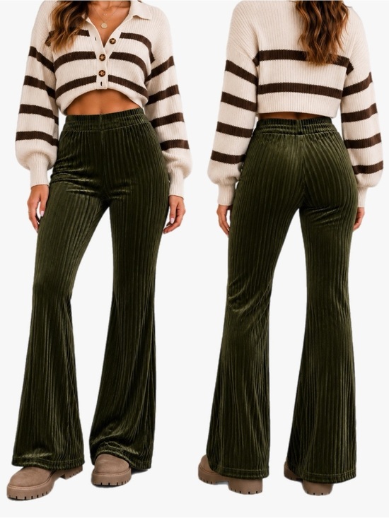 SHEIN Pants - SHEIN Olive Green Pull On Velvet Ribbed Flare Pants Size Large High Rise Stretch